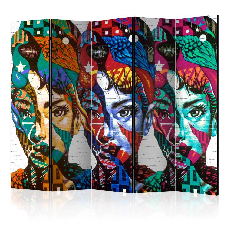 Room Divider Colorful Faces II (5-piece) - three women on white brick background