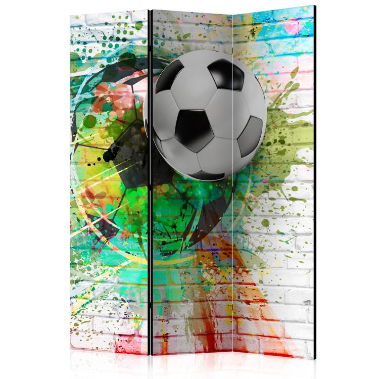 Room Divider Colorful Sport (3-piece) - soccer against a background of colors and light brick