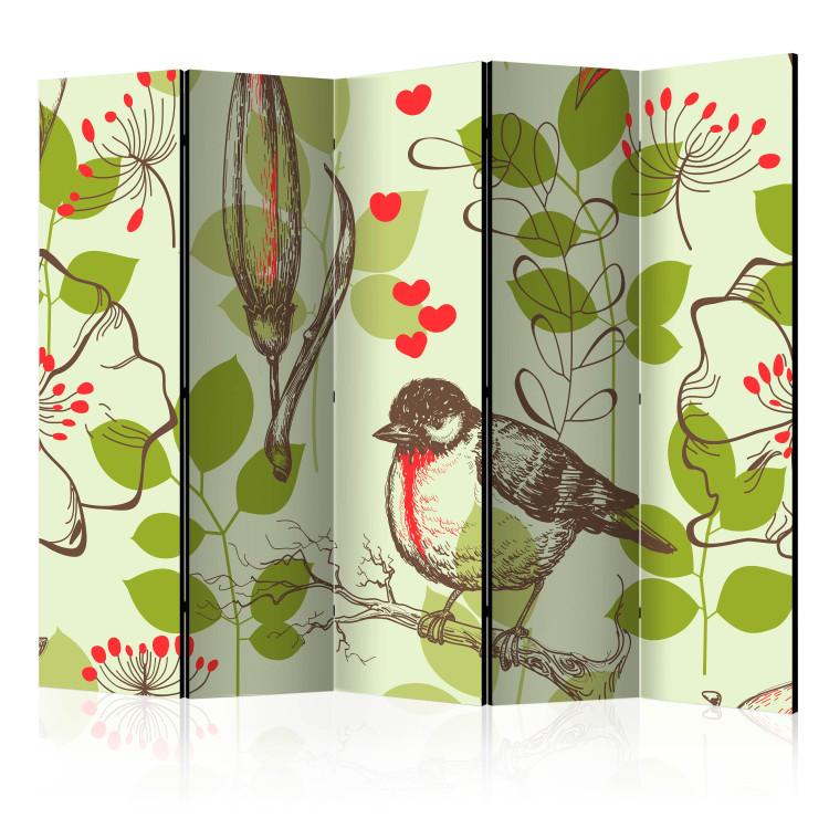 Room Divider Bird and Lilies - Vintage Motif II (5-piece) - pattern with flowers and leaves