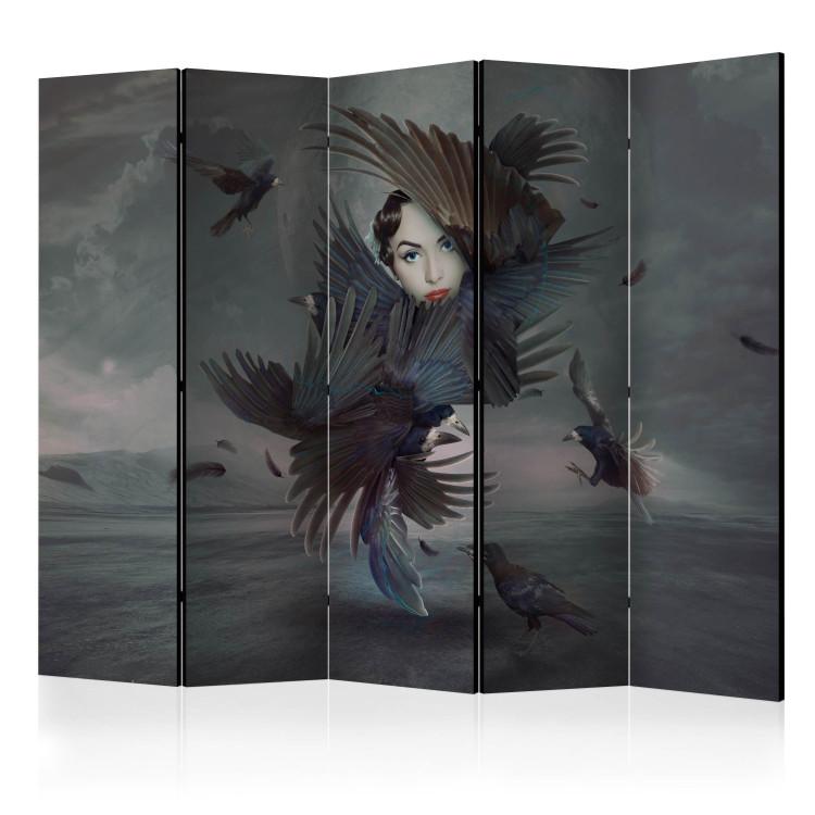 Room Divider All in Feathers II (5-piece) - abstraction with a woman and birds