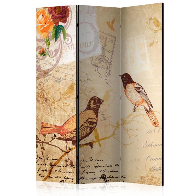 Room Divider Bonjour (3-piece) - composition with flowers and animals against inscriptions