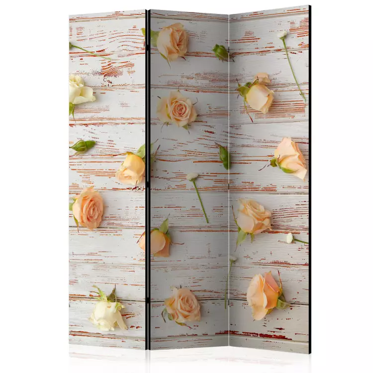 Room Divider Wood and Roses (3-piece) - composition with flowers on a background of white boards