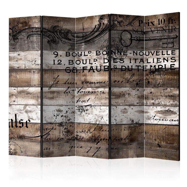 Room Divider Old Vineyard II (5-piece) - composition with inscriptions on a wooden background