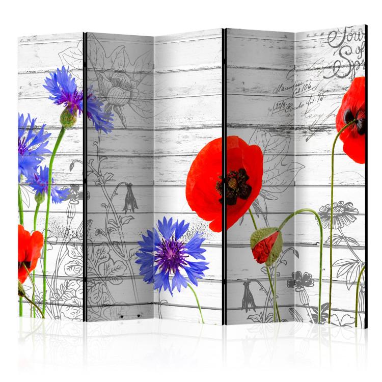 Room Divider Field Flowers II (5-piece) - red poppies and writings on wood background