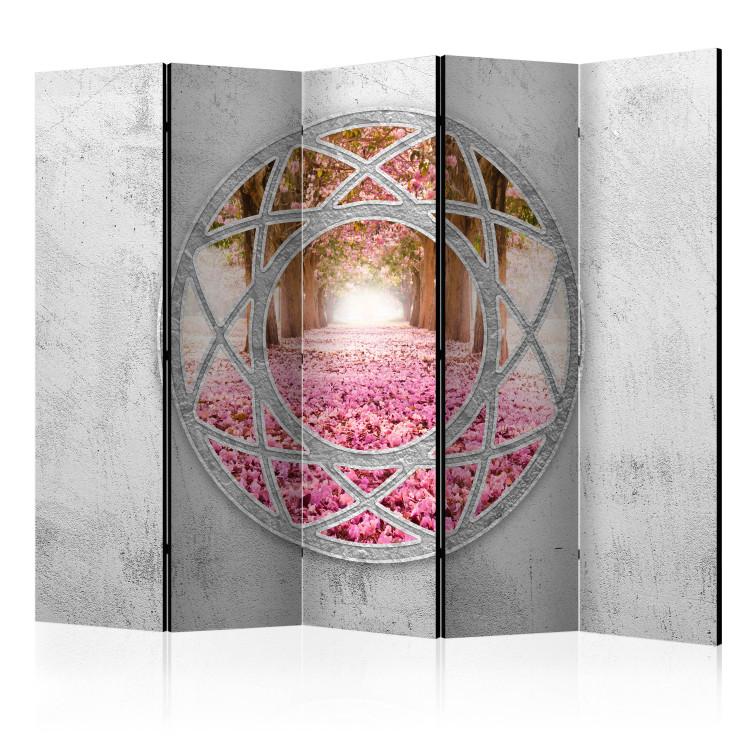 Room Divider Enchanted Window II - view from concrete window to cherry tree landscape