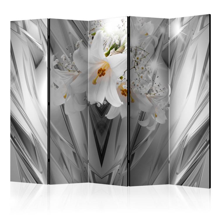 Room Divider Steel Lilies II - flowers of white lilies on luxurious gray background