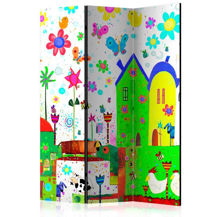 Room Divider Happy Farm - colorful house architecture with flowers and animals