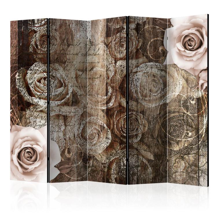 Room Divider Old Wood and Roses II - flowers and inscriptions in a retro brown motif