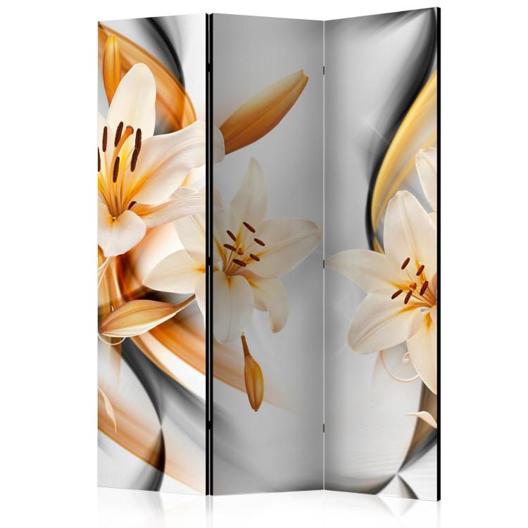 Room Divider Lily's Innocence - plant with yellow flowers on a white patterned background