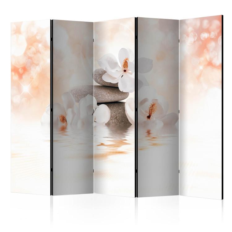 Room Divider Lake of Serenity II - white lilies and gray stones in a zen motif