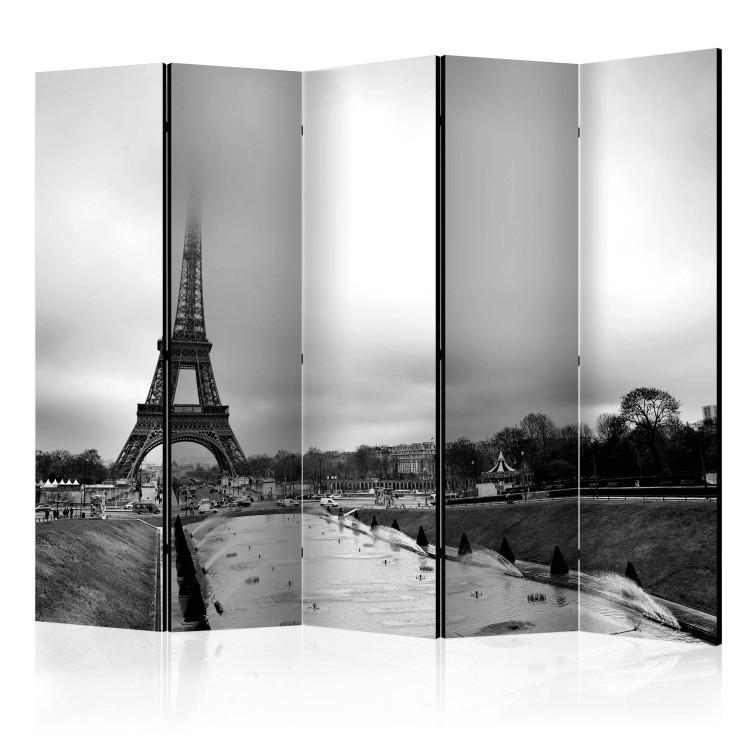Room Divider Paris: Eiffel Tower II - black and white cityscape architecture in fog