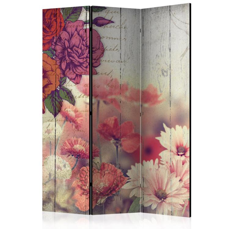 Room Divider Vintage Flowers - flowers on wooden background with retro-style texts