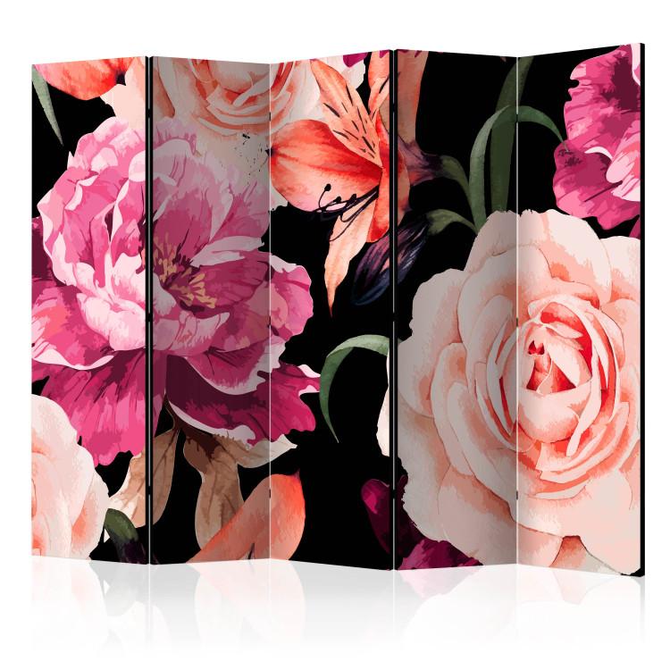 Room Divider Roses of Love II - romantic pink flowers on a solid black background