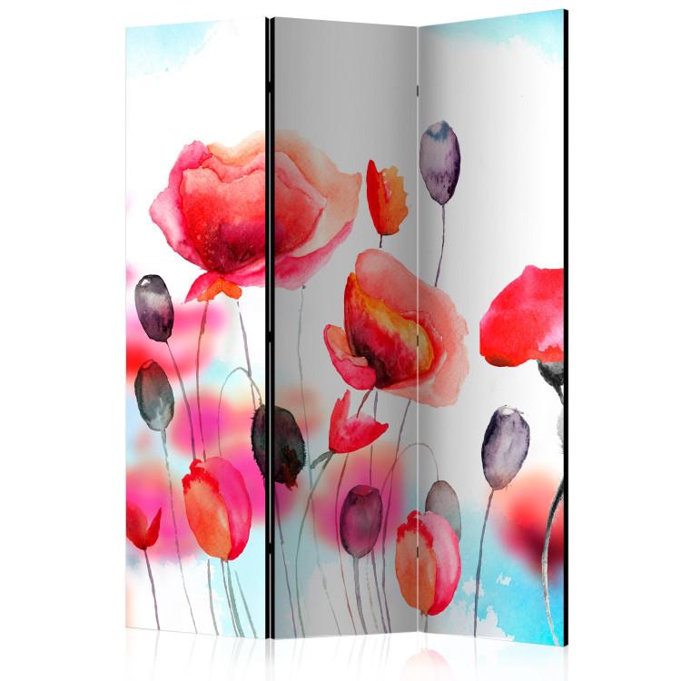 Room Divider Swayed by the Wind - colorful poppies in a watercolor motif on a white background
