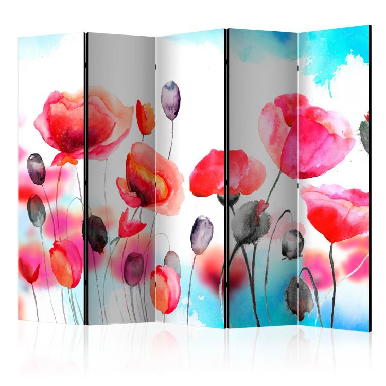 Room Divider Swayed by the Wind II - colorful poppies in a watercolor motif on a white background
