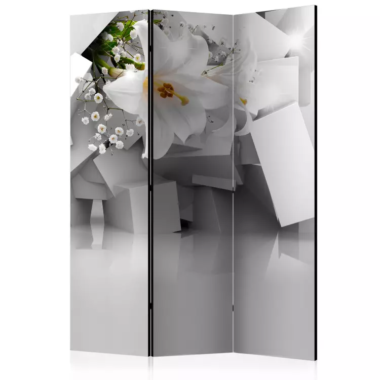 Room Divider Lost in Chaos - white lily flower on a background of geometric shapes