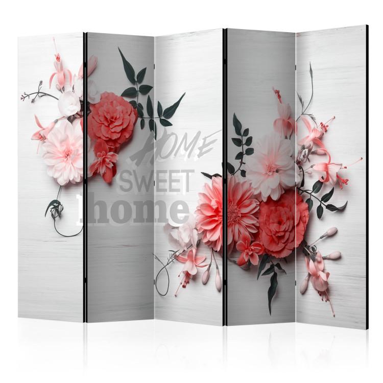 Room Divider Romantic Home II - whimsical pink flower motifs on a white background with text