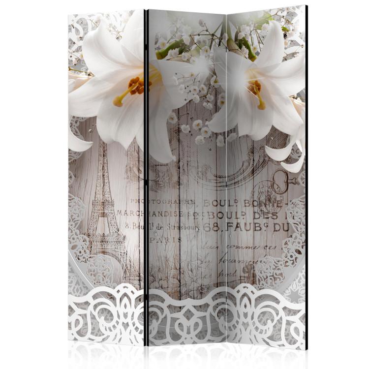 Room Divider Lilies and Quilted Background - white flowers on a retro-style background with text