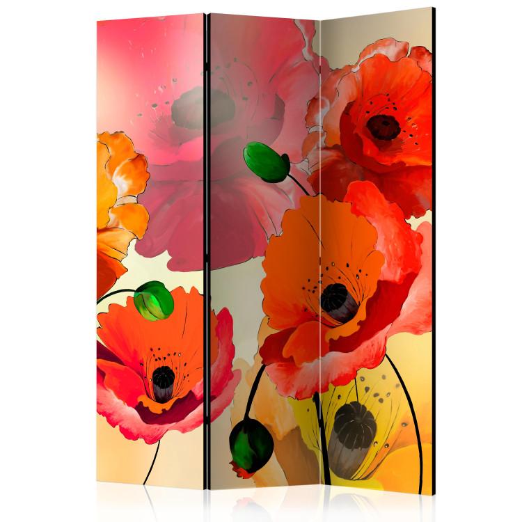Room Divider Velvety Poppies - bouquet of red and yellow flowers on a light background