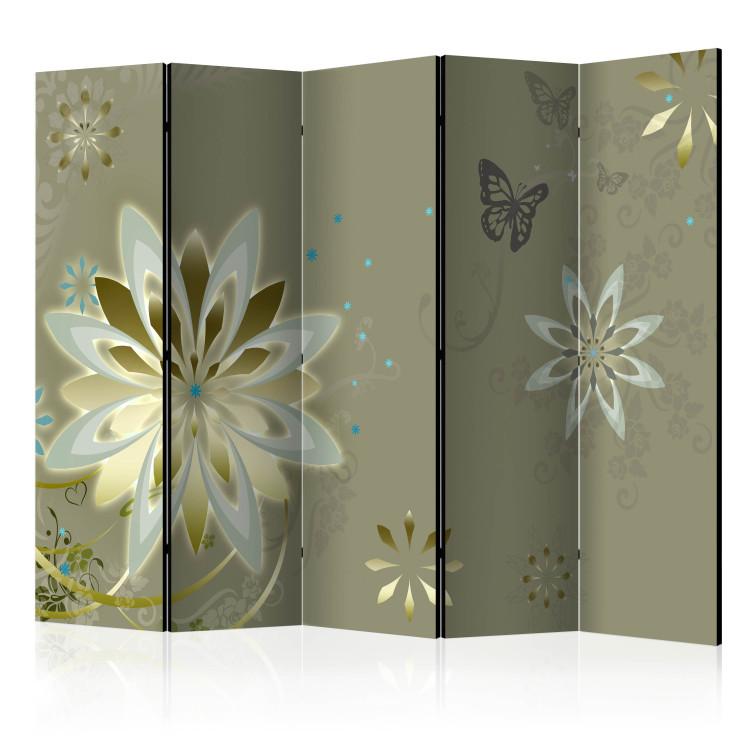 Room Divider Nature's Genesis II - golden flowers on a green background with butterflies