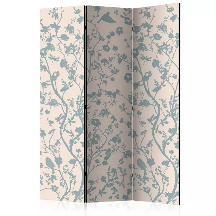Room Divider Spring Stir - fanciful pattern of plants and birds on a light background