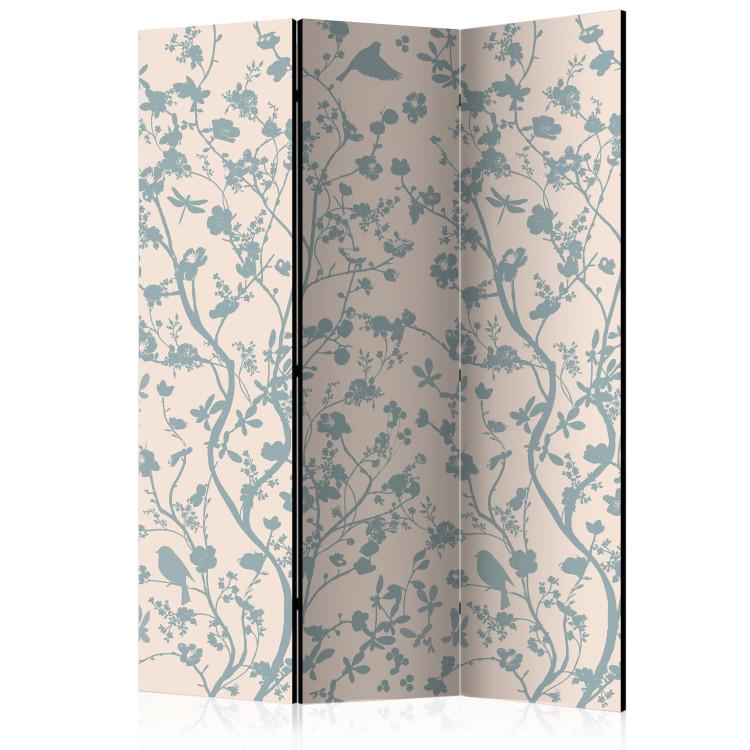 Room Divider Spring Stir - fanciful pattern of plants and birds on a light background