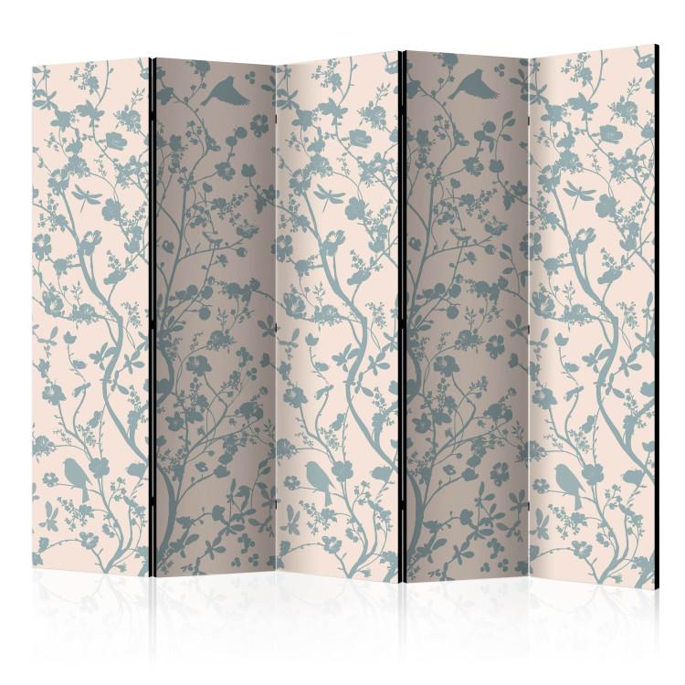 Room Divider Spring Stir II - fanciful pattern of plants and birds on a light background