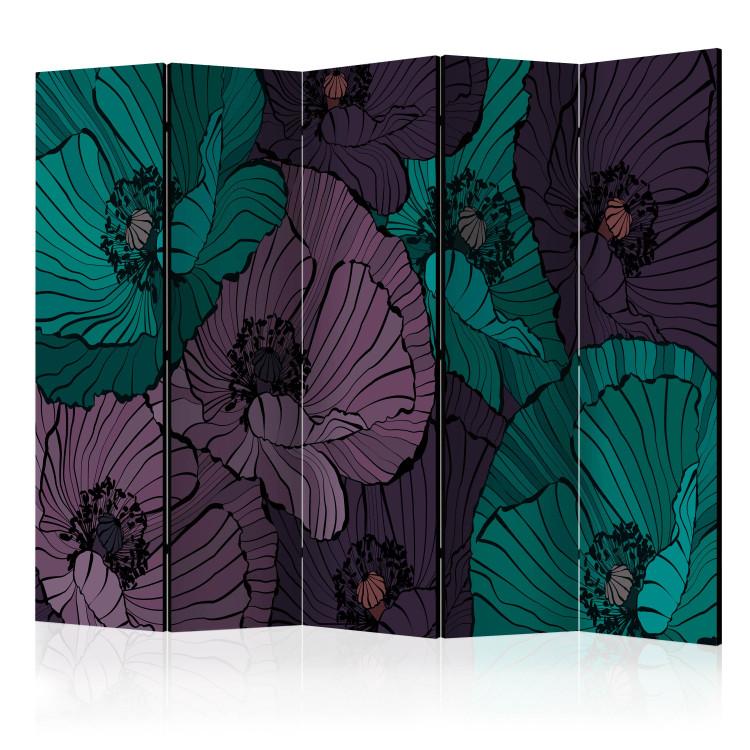 Room Divider Flower Bed II - blue and lilac poppy flowers in a comic style