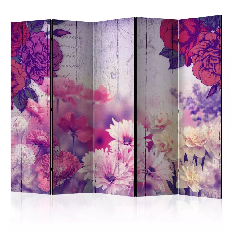 Room Divider Floral Memory II - flowers on a background of wooden boards with inscriptions