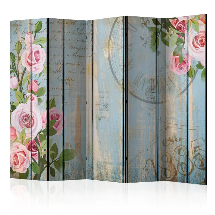 Vintage Garden II - pink flowers on a background of wooden boards with inscriptions