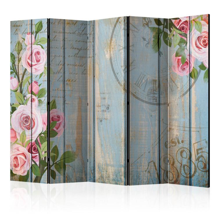Room Divider Vintage Garden II - pink flowers on a background of wooden boards with inscriptions