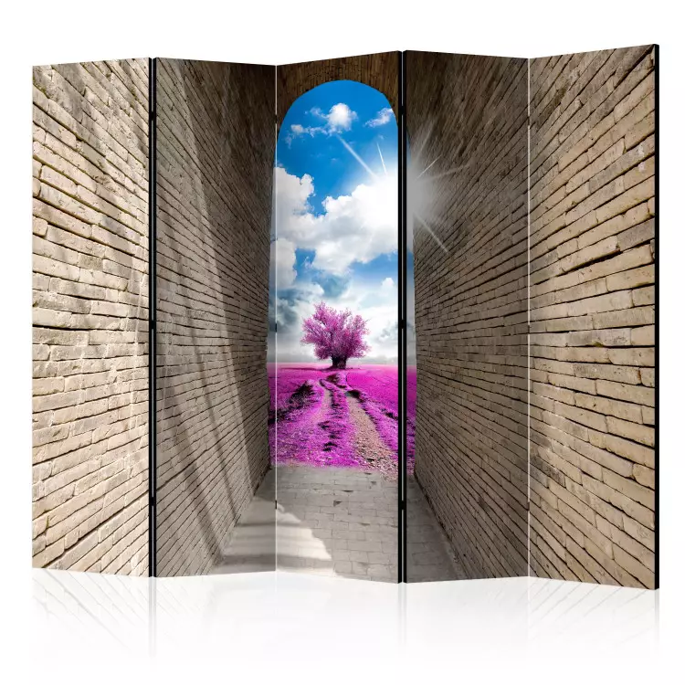 Room Divider Magical Passage II - landscape of a brick tunnel against a purple meadow