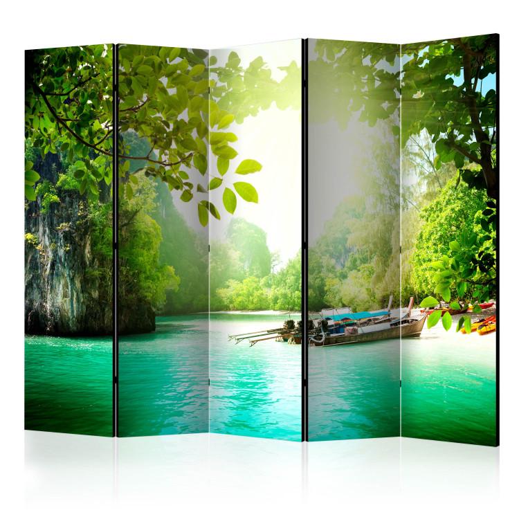 Room Divider Secret Paradise II - turquoise ocean landscape with boats amidst the jungle