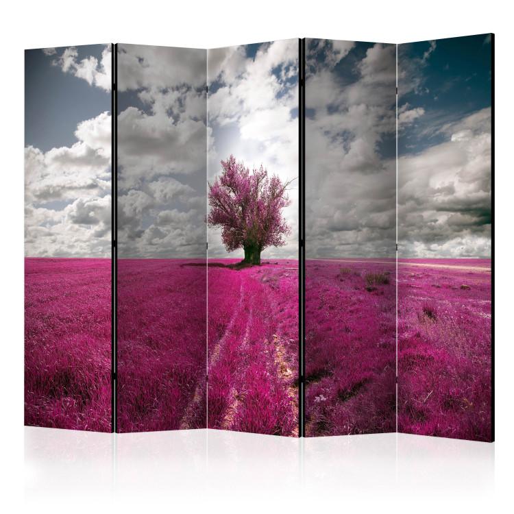 Room Divider Meadow in Fuchsia II - landscape of a purple meadow with a tree