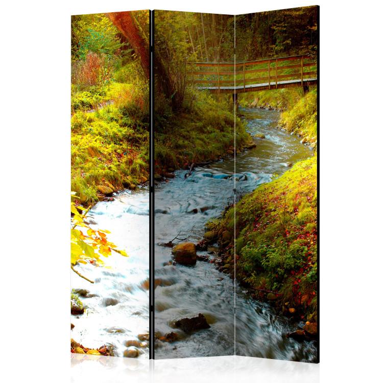 Room Divider Stream (Sunrise) (3-piece) - river with a bridge and trees in the background