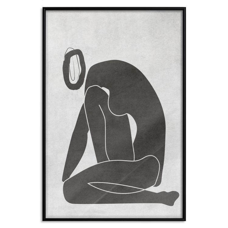 Poster Figure in Contemplation - dark silhouette of a kneeling woman on a gray background