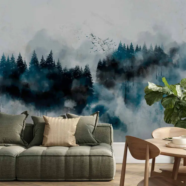 Painted Mountains - Pastel Forest with Trees and Flock of Birds on Gray Background