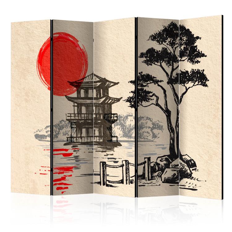 Room Divider Cottage by the Pond II (5-piece) - trees and oriental architecture
