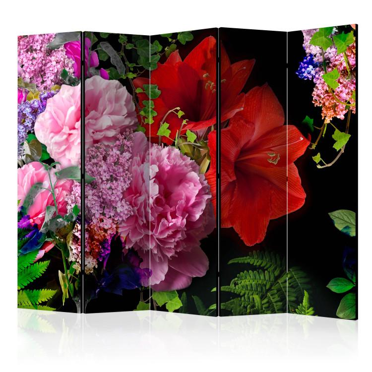 Room Divider June Evening II (5-piece) - colorful flowers on a black background