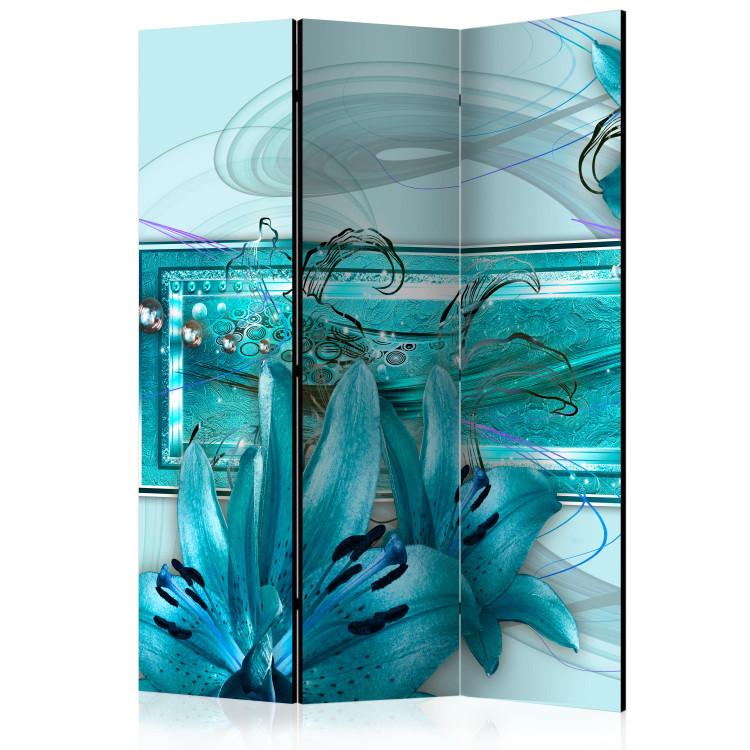 Room Divider Turquoise Idyll (3-piece) - blue abstraction in lily flowers