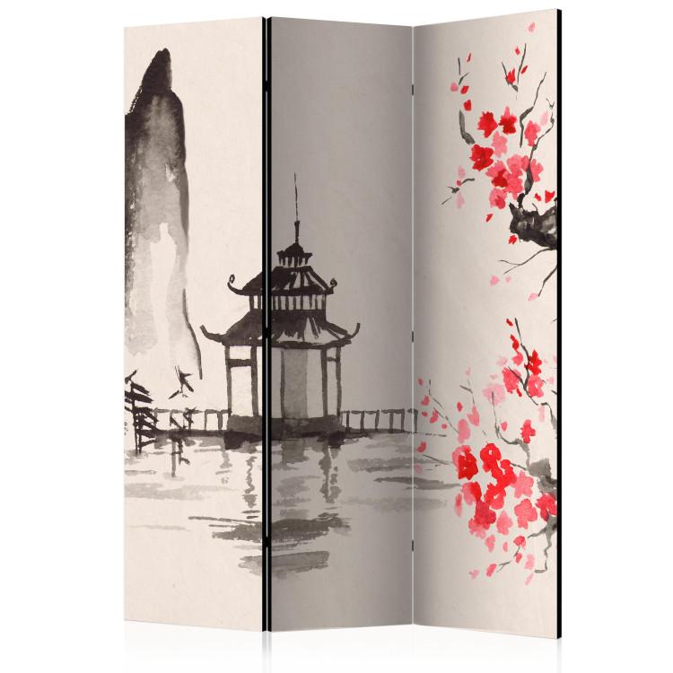 Room Divider Sensei's Hut (3-piece) - blooming cherry blossom and Japanese architecture