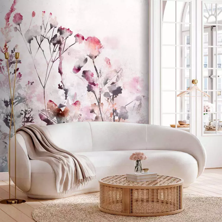 Wall Mural Watercolour meadow - delicate plants in shades of pink on a light background