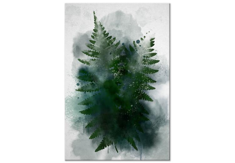 Canvas Print Fern in the fog - plant leaves in cold fog cloud, green and grey