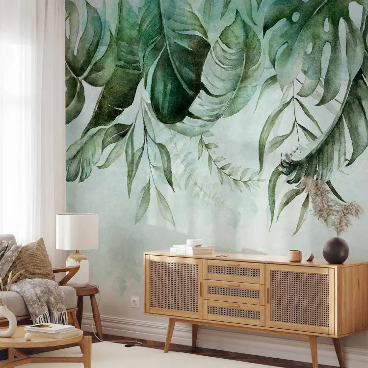 Green Tale - Pastel Palm and Monstera Leaves on a Light Background