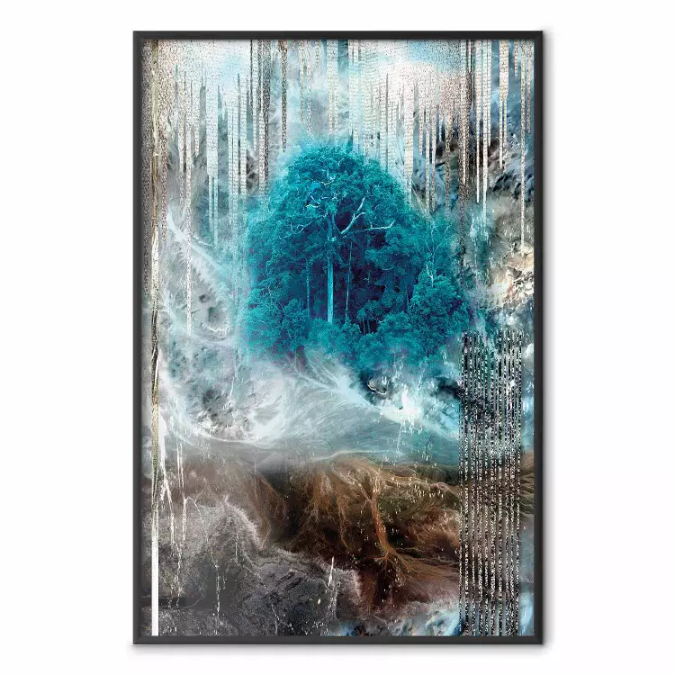 Sanctuary - abstract forest landscape with a turquoise tree in the center