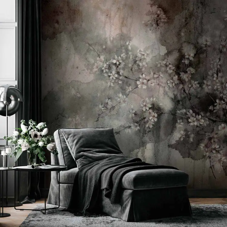 Minimalist abstraction - flowering tree on grey watercolour background