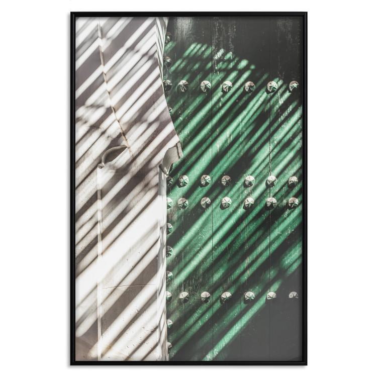 Poster Hidden Doors - architecture of a green wooden gate and gray wall