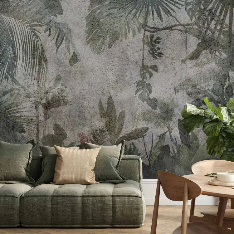 Rainy Forest in the Mist - Pastel Jungle with Leaves on a Gray Background