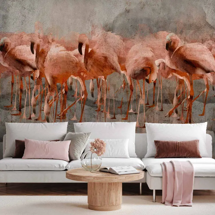 Photo Wallpaper Exotic birds - pink flamingos with shadow on grey ...