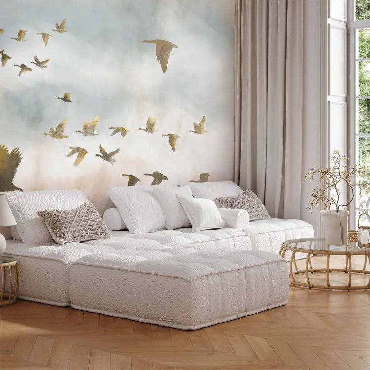 Golden Geese - Flock of birds in flight on a pastel light-toned background